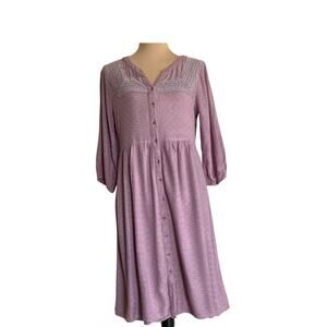 Bohme Button Down Midi Dress Women Purple Lace Applique 3/4 Sleeve V Neck Lined